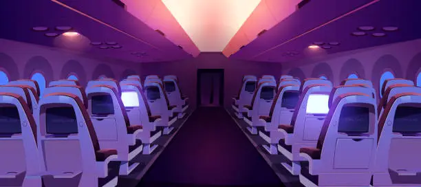 Vector illustration of Airplane cabin with seats and screens inside view