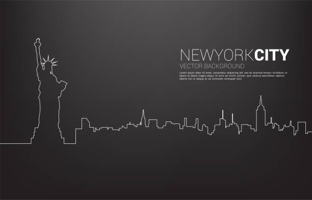 ilustraciones, imágenes clip art, dibujos animados e iconos de stock de estatua de la libertad y fondo de la ciudad desde una sola línea. - new york city skyline new york state freedom