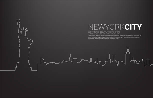 ilustrações de stock, clip art, desenhos animados e ícones de statue of liberty and city background from single line. - new york city new york state skyline city