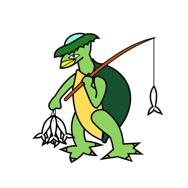 Vector illustration of Kappa walking and holding a fishing rod and fish