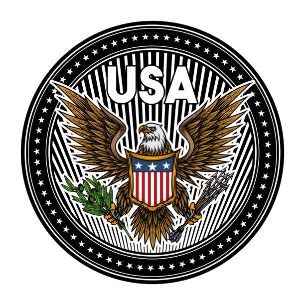 USA emblem. Colorful vector illustration of bald eagle with shield, arrows and olive branch in engraving technique. Isolated on white. republic logo pic stock illustrations