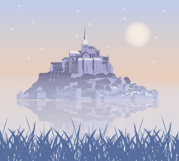 Mont Saint-Michel Abbey at sunset, France Mont Saint-Michel Abbey in the fog, France. Vector illustration EPS10 Abbey stock illustrations