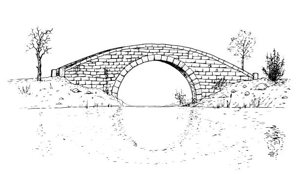 illustrations, cliparts, dessins animés et icônes de dessin du pont en pierre classique - illustration en noir et blanc - bridge stone bridge vector arch bridge