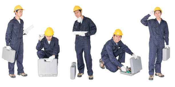 istock Young handyman sitting with his tool box isolated on white background 1217758747