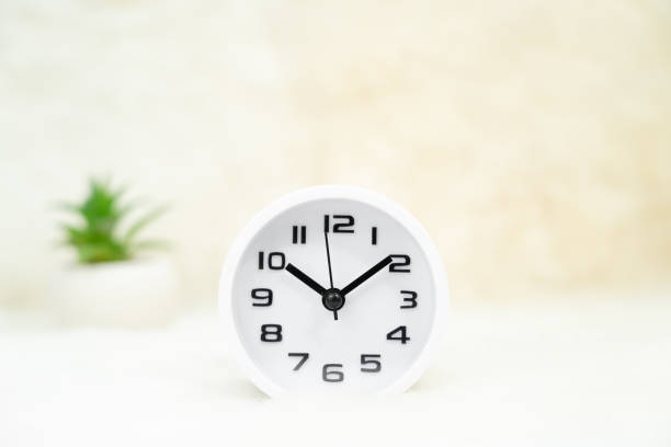 istock White alarm clock and little decorative tree in vase on table 1217758786