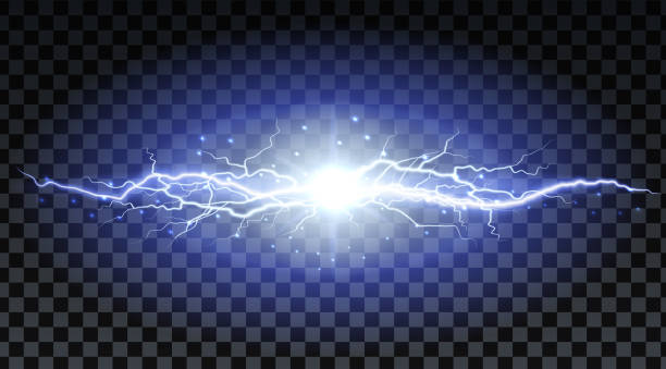 Lightning strikes and sparks, electrical energy on transparent background. Lightning flash and spark. Vector neural cells system. vector art illustration