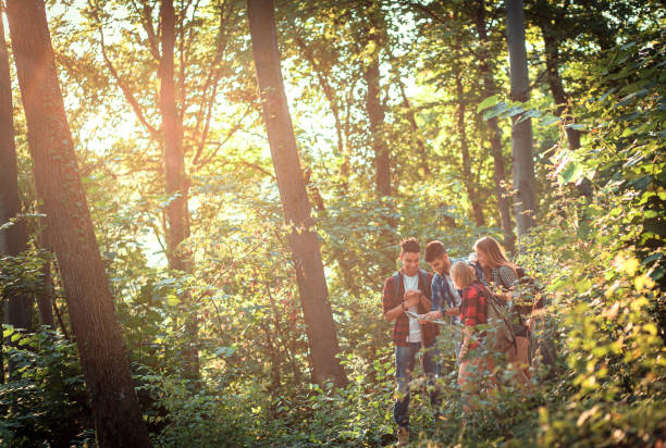 istock Group of four friends having fun hiking through forest together. 1217762409