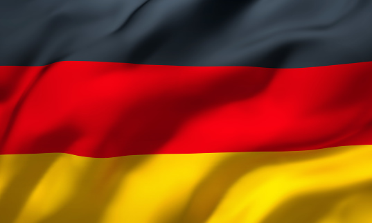 Flag of Germany blowing in the wind. Full page German flying flag. 3D illustration.