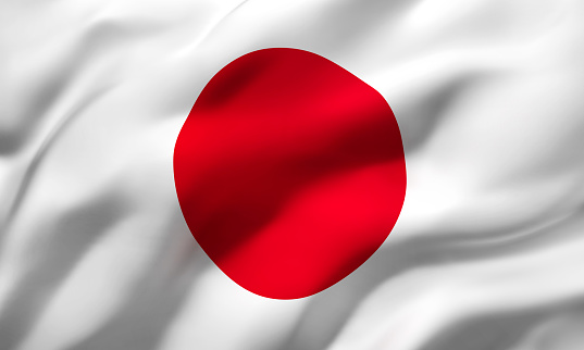 Flag of Japan blowing in the wind. Full page Japanese flying flag. 3D illustration.
