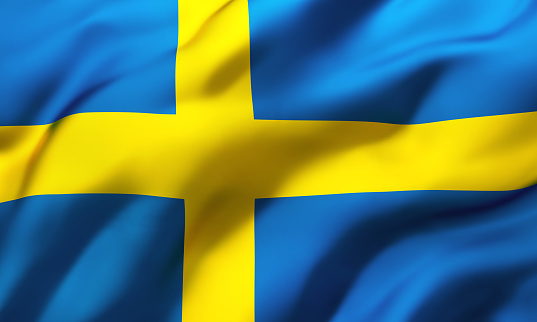 Flag of Sweden blowing in the wind. Full page Swedish flying flag. 3D illustration.