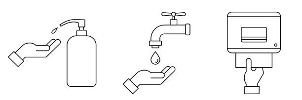How to wash hands safely instructions. Hand washing procedure thin line icon. Steps: use soap, scrub, rinse and dry. Soap dispenser, faucet and paper towels. Vector illustration, flat style, clip art paper towel stock illustrations