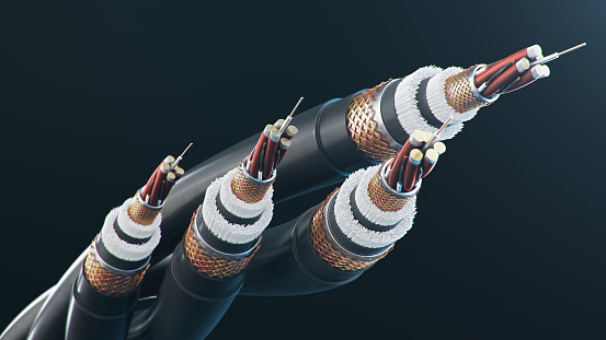 El concepto de cable de fibra óptica sobre un fondo de color. Futura tecnología de cable. Cable curvo detallado en sección transversal. Potente tecnología de comunicación. Concepto de red, ilustración 3D photo