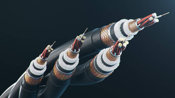 el concepto de cable de fibra óptica sobre un fondo de color. futura tecnología de cable. cable curvo detallado en sección transversal. potente tecnología de comunicación. concepto de red, ilustración 3d - wire fotografías e imágenes de stock