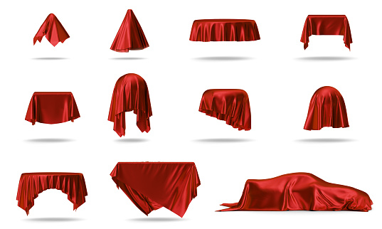 Luxury red silk velvet, cloth covers objects example square table, round table, ball, car. Set of red clothes covers items isolated on white background with shadow. 3D Illustration