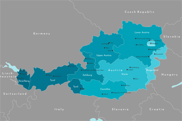ilustrações de stock, clip art, desenhos animados e ícones de vector modern illustration. simplified administrative map of austria. it is bordered by germany, czech republic, italy, switzerland and etc. names of austrian cities and states. blue and grey colors - federated