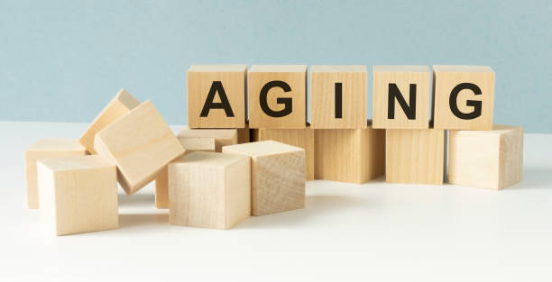 istock Concept word AGING on cubes on a white background. 1217770159