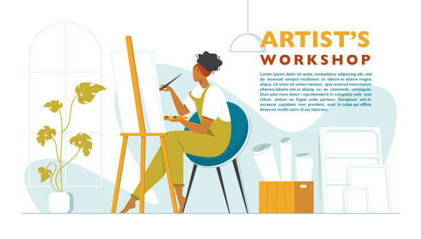 Beautiful woman paints in an art workshop. Artist's studio Cute woman paints on canvas in an art workshop. Artist creating picture. Art school or studio. Colorful vector illustration in flat style with a place for text. Artist's workshop poster painting activity stock illustrations