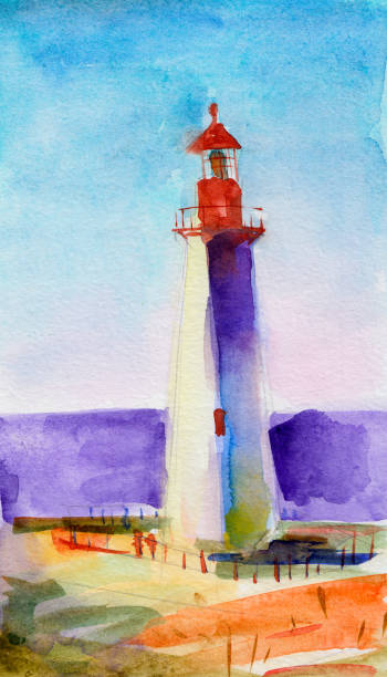 istock Lighthouse watercolor illustration hand drawn. Beacon against the background of blue sky, bright colors. Can be used for cards or background. 1217773502