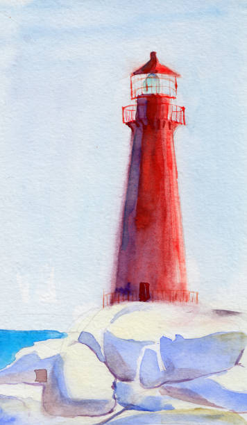 istock Lighthouse watercolor illustration hand drawn. A red beacon on a rock amid a blue sky. Can be used for cards or background. 1217773512