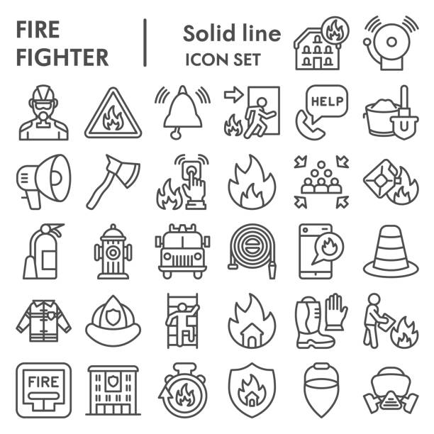 소방관 라인 아이콘 세트, 화재 안전 기호 세트 컬렉션 또는 벡터 스케치. 컴퓨터 웹에 대한 설정 소방 서비스 표지판, 흰색 배경에 격리 선형 픽토그램 스타일 패키지, eps 10. - fire extinguisher office safety protection stock illustrations