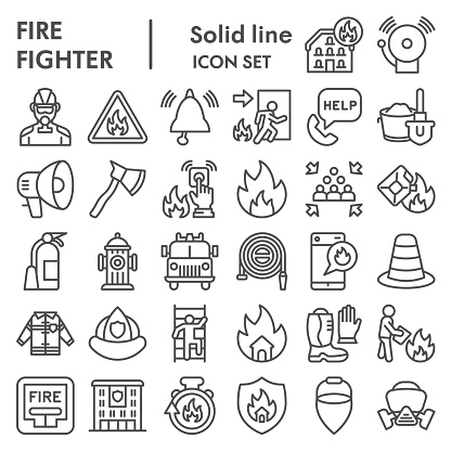 Firefighter line icon set, Fire safety symbols set collection or vector sketches. Fire services signs set for computer web, the linear pictogram style package isolated on white background, eps 10