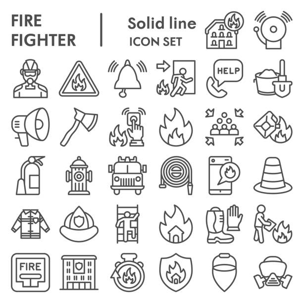 Firefighter line icon set, Fire safety symbols set collection or vector sketches. Fire services signs set for computer web, the linear pictogram style package isolated on white background, eps 10. Firefighter line icon set, Fire safety symbols set collection or vector sketches. Fire services signs set for computer web, the linear pictogram style package isolated on white background, eps 10 accidents and disasters illustrations stock illustrations
