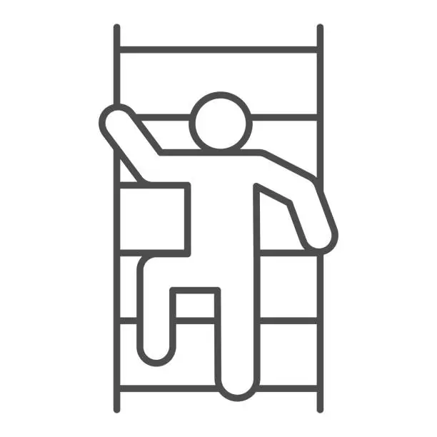 Vector illustration of Fireman scaling ladder thin line icon. Man on the stairs fire escape outline style pictogram on white background. Pompier ladder signs for mobile concept and web design. Vector graphics.