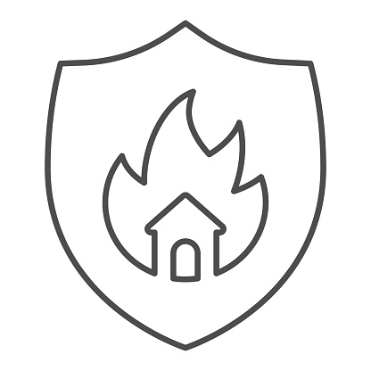 Emblem of fire protection thin line icon. Symbol of house in fire shield outline style pictogram on white background. Property burning safety logo for mobile concept and web design. Vector graphics