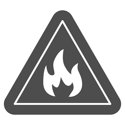 Triangle with fire symbol solid icon. Flammable caution sign glyph style pictogram on white background. Fire warning sign for mobile concept and web design. Vector graphics