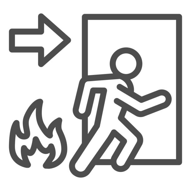 ilustraciones, imágenes clip art, dibujos animados e iconos de stock de icono de la línea de salida de incendio. pictograma de estilo esquema de evacuación de emergencia sobre fondo blanco. llama y puerta con señal de advertencia de figura humana para el concepto móvil y el diseño web. gráficos vectoriales. - fire escape