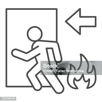 istock Fire exit thin line icon. Emergency evacuation outline style pictogram on white background. Flame and doorway with human figure warning sign for mobile concept and web design. Vector graphics. 1217781170
