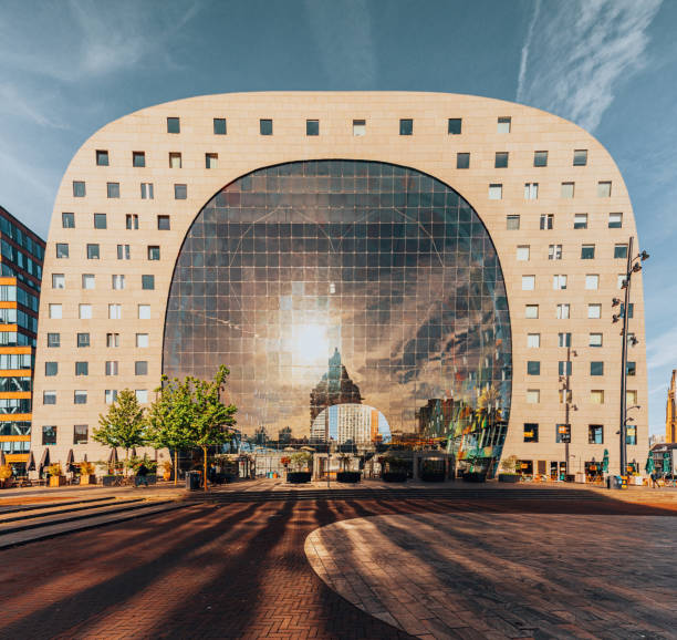 Building exterior view of The Markthal Market Hall is a residential and office building with a market hall located in Rotterdam, Netherlands