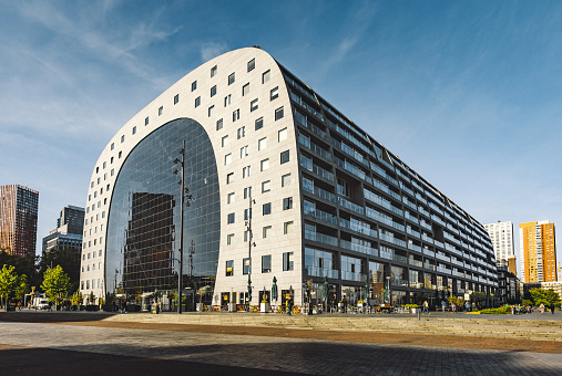 Building exterior view of The Markthal Market Hall is a residential and office building with a market hall located in Rotterdam, Netherlands