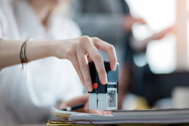 junge geschäftsfrau stempelt ein dokument im büro - notary public stock-fotos und bilder