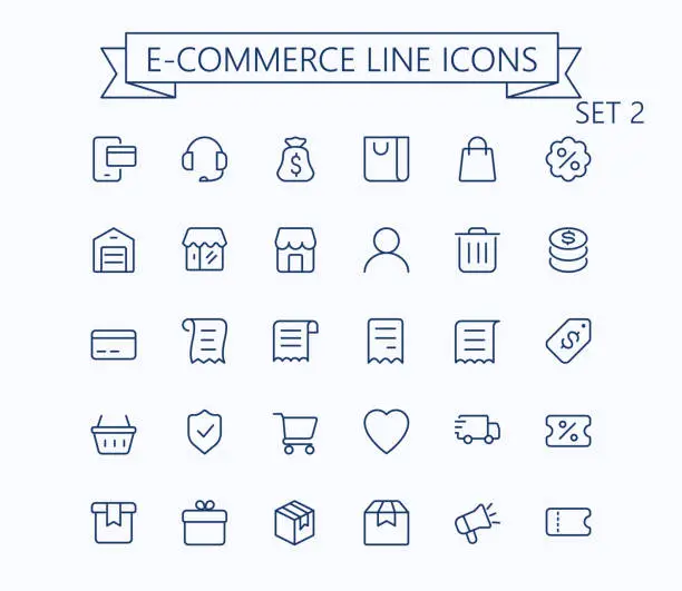 Vector illustration of Shopping and ecommerce vector outline mini line icons set.  24x24 px. Pixel Perfect. Editable stroke.