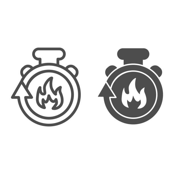 illustrazioni stock, clip art, cartoni animati e icone di tendenza di cronometro in linea di fuoco e icona solida. il tempo di lotta antincendio sta esaurendo il pittogramma in stile contorno su sfondo bianco. timer con fiamma salva vita per il concetto mobile e il web design. grafica vettoriale. - 2nd base