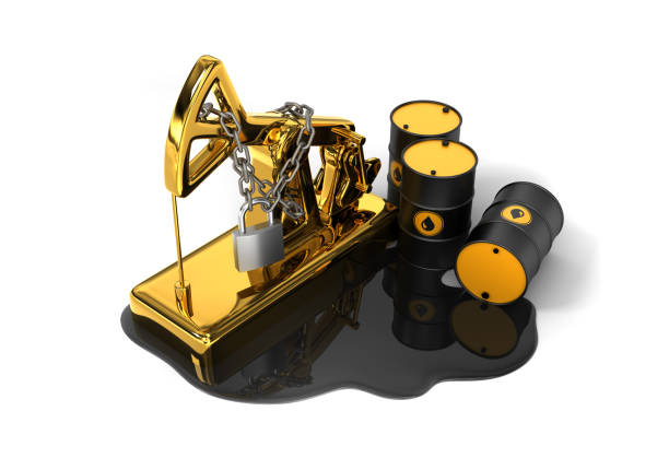 pumpjack bloqueado, barriles y aceite derramado sobre fondo blanco. concepto de reducción de la producción de petróleo. - oil slick audio fotografías e imágenes de stock