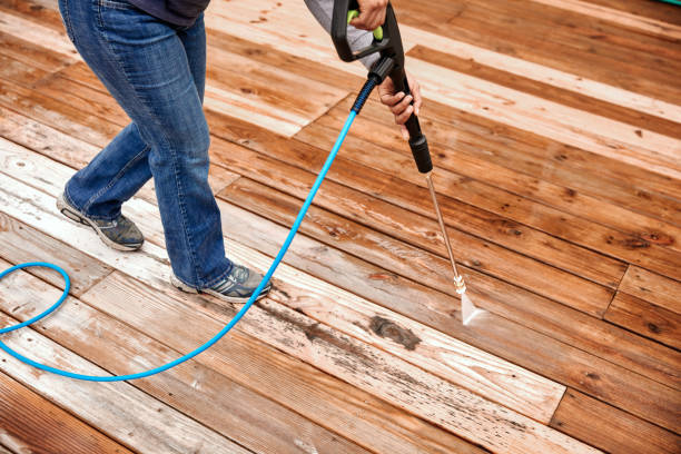 Woman Cleaning Wooden Terrace With A High Water Pressure Cleaner Stock Photo - Download Image Now - iStock