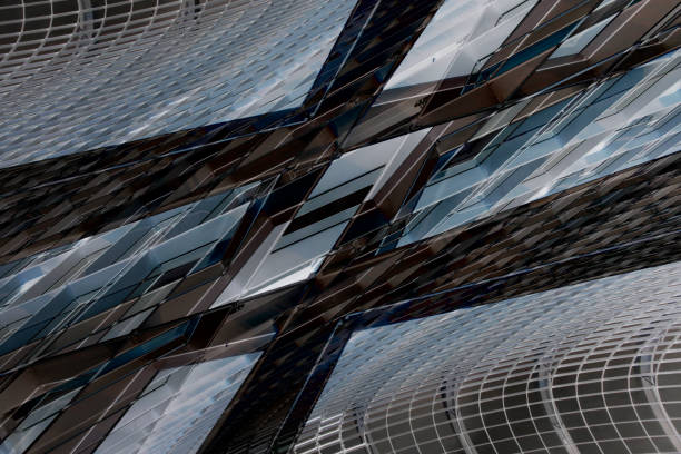 Digitally rendered futuristic architectural fragment / background fondo abstracto representado digitalmente sobre el tema de la arquitectura moderna o la industria de la construcción. estructuras de rejilla multinivel. os arquitectónicos con patrones geométricos. rejilla metálica y acristalamiento estructural