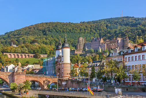 View of the Heidelberg and castle from Neckar river, Germany