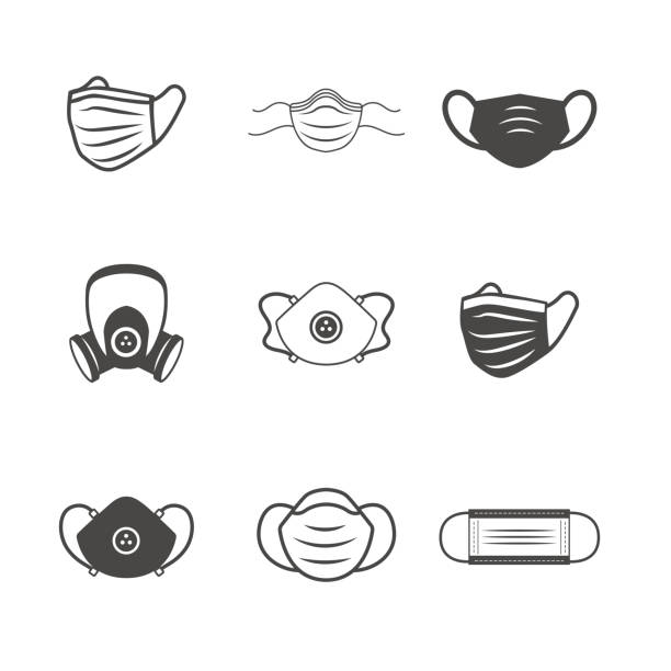 ilustraciones, imágenes clip art, dibujos animados e iconos de stock de saneamiento y protección máscara facial ppe icono set w máscaras faciales respiratorias - careta antigás