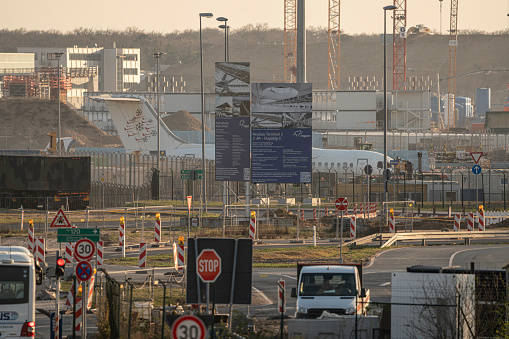 Frankfurt , Germany - April 6, 2020: Empty Construction Site of Terminal 3 at Frankfurt Airport during Coronavirus Pandemic