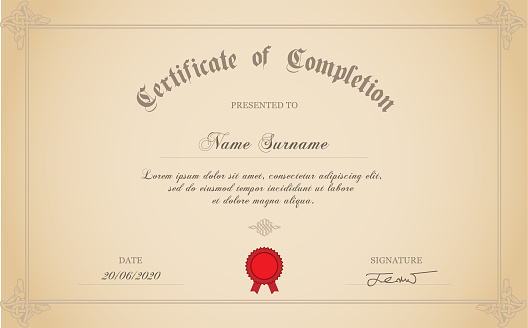Certificate of completion template with rubber stamp.
