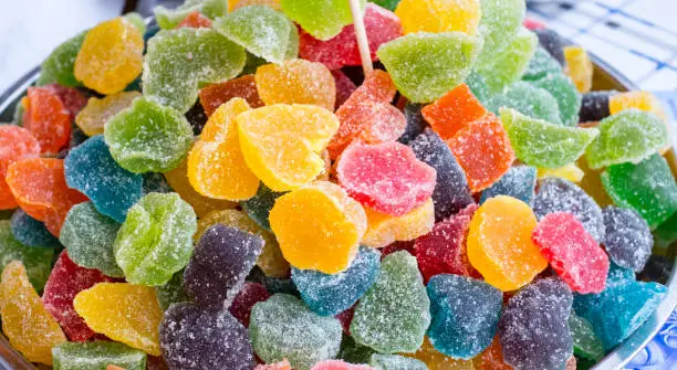 colorful fruit jelly candies, close up view