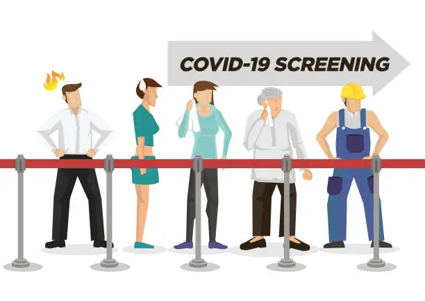 Vector illustration of People queue up and waiting to do Coronavirus health screening.