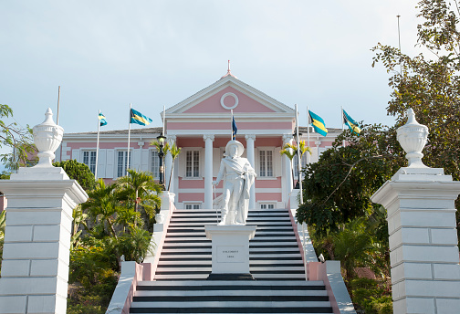 The historic Government House with Columbus monument in Nassau, the capital of the Bahamas.