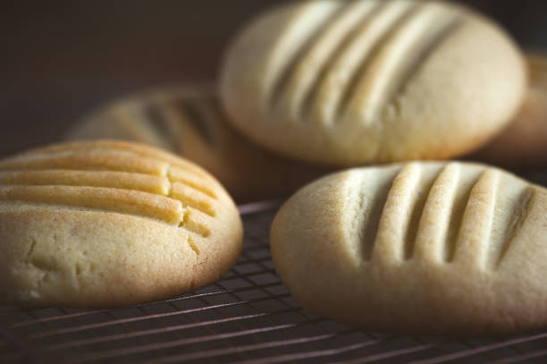 homemade butter cookies with fork pressed design freshly baked  selective focus shot for copy space for recipes