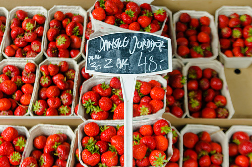 Danish strawberries for sale at a market stall
