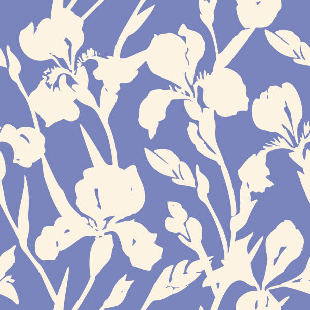floral seamless pattern made of silhouettes of blooming iris flowers Hand drawn floral seamless pattern. Silhouettes of blooming iris flowers. Simple summer background with botanical shadows texture. Trendy nature ornament. iris plant stock illustrations