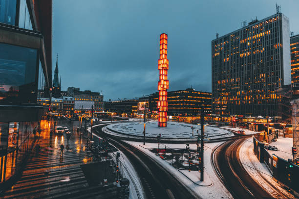 Sergels Torg square view at night in Stockholm, Sweden Panoramic view of famous Sergels Torg square with modern skyscrapers and glass Obelisk Kristallvertikalacc at early morning in Central downtown Stockholm, Sweden, Scandinavia stockholm town square sergels torg sweden stock pictures, royalty-free photos & images